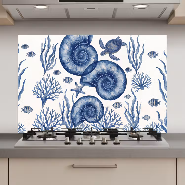 Spatscherm keuken - Schelp - Spiraal - Zeeleven - Aquarel - Blauw — 1