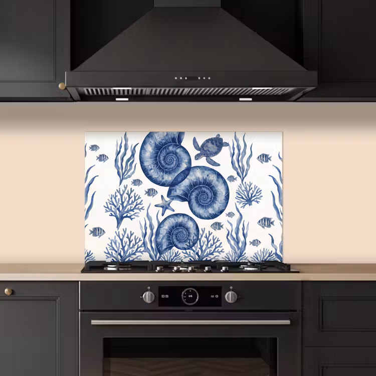 Spatscherm keuken - Schelp - Spiraal - Zeeleven - Aquarel - Blauw — 2