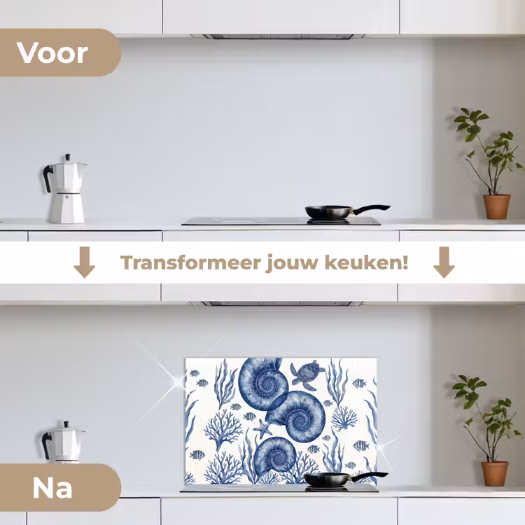 Spatscherm keuken - Schelp - Spiraal - Zeeleven - Aquarel - Blauw — 3