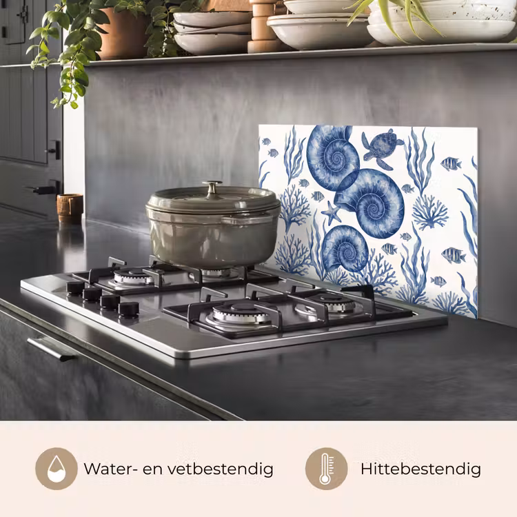 Spatscherm keuken - Schelp - Spiraal - Zeeleven - Aquarel - Blauw — 7
