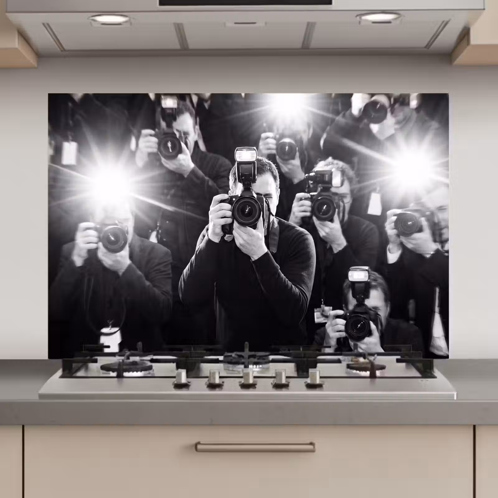 Spatscherm keuken - Mensen - Camera - Flitslicht - Zwart-wit - Media — 1