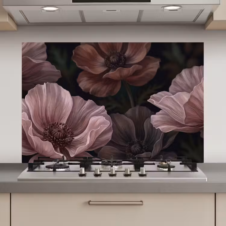 Spatscherm keuken - Bloemen - Natuur - Roze - Donker - Modern — 1