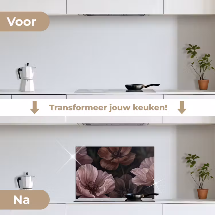 Spatscherm keuken - Bloemen - Natuur - Roze - Donker - Modern — 3