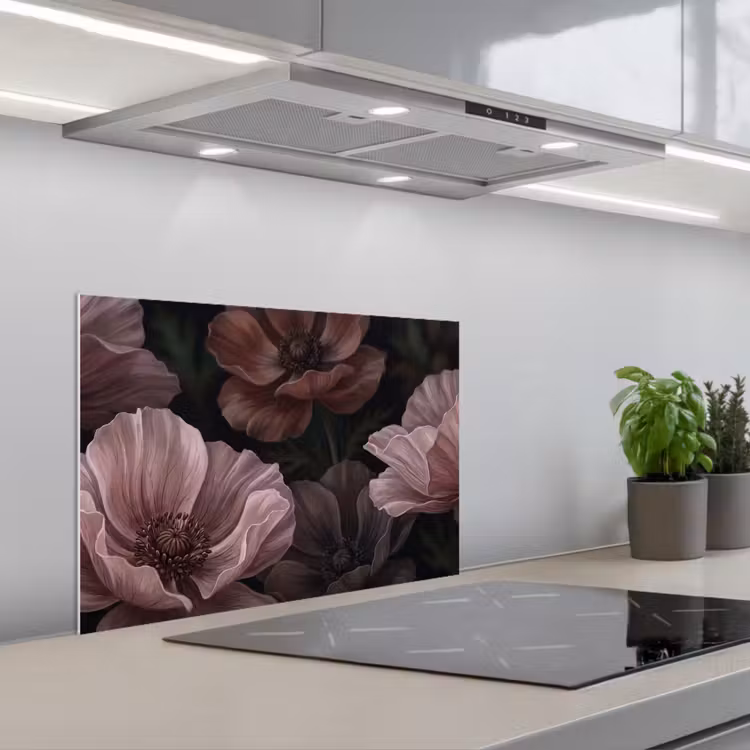 Spatscherm keuken - Bloemen - Natuur - Roze - Donker - Modern — 5