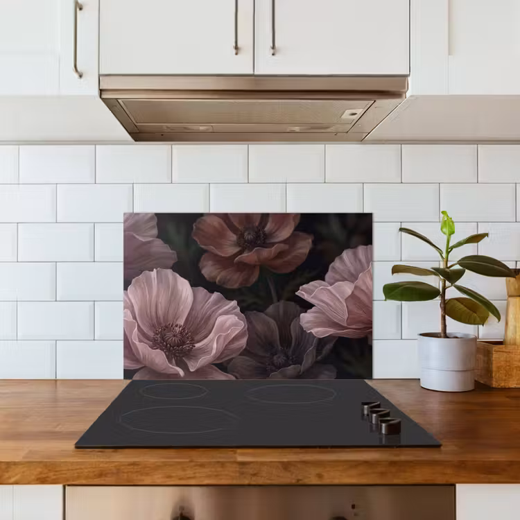 Spatscherm keuken - Bloemen - Natuur - Roze - Donker - Modern — 6