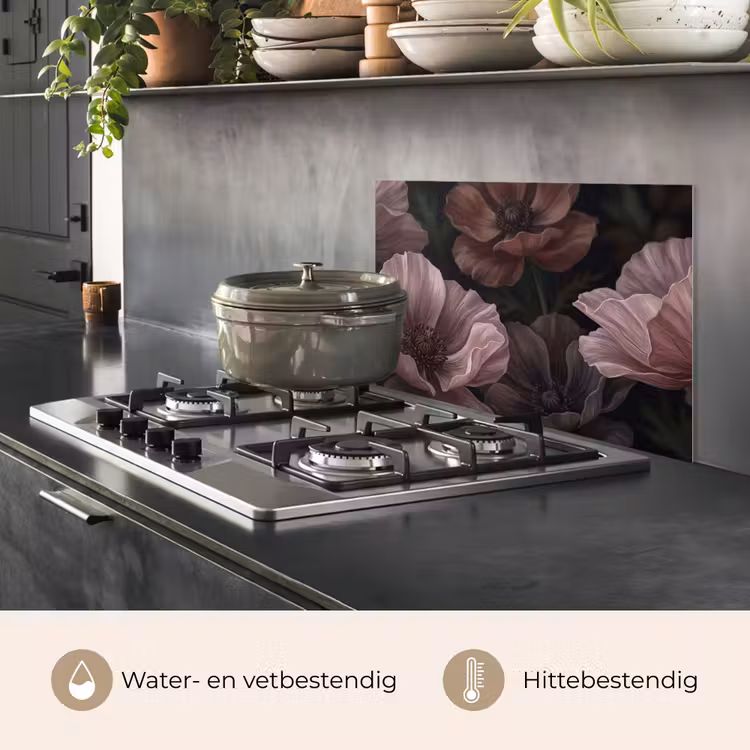 Spatscherm keuken - Bloemen - Natuur - Roze - Donker - Modern — 7