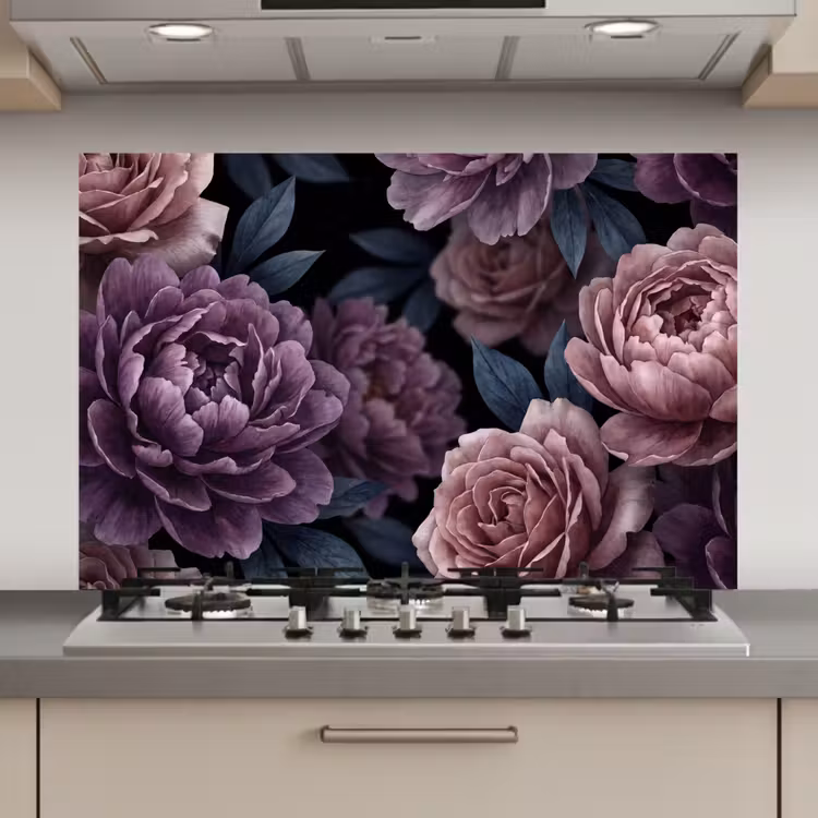 Spatscherm keuken - Bloemen - Patroon - Donker - Botanisch - Paars — 1