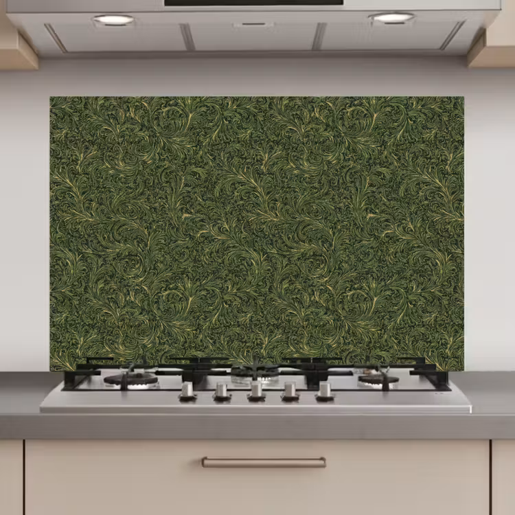 Spatscherm keuken - Donker - Groen - Krullend - Botanisch — 1