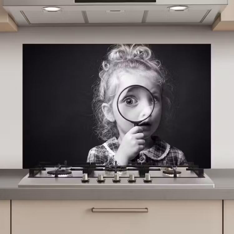 Spatscherm keuken - Kind - Vergrootglas - Portret - Zwart-wit — 1