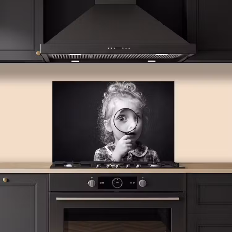 Spatscherm keuken - Kind - Vergrootglas - Portret - Zwart-wit — 2