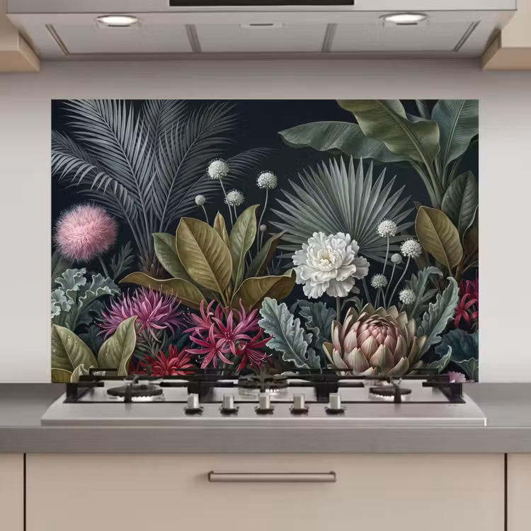 Spatscherm keuken - Planten - Tropisch - Botanisch - Donker - Groen — 1