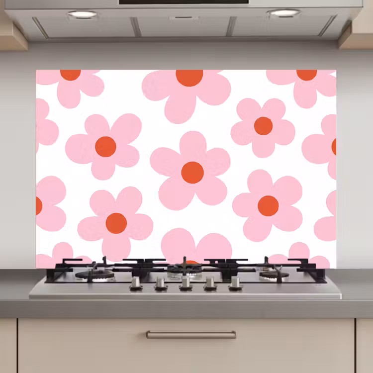 Spatscherm keuken - Bloemen - Patroon - Modern - Roze - Wit — 1