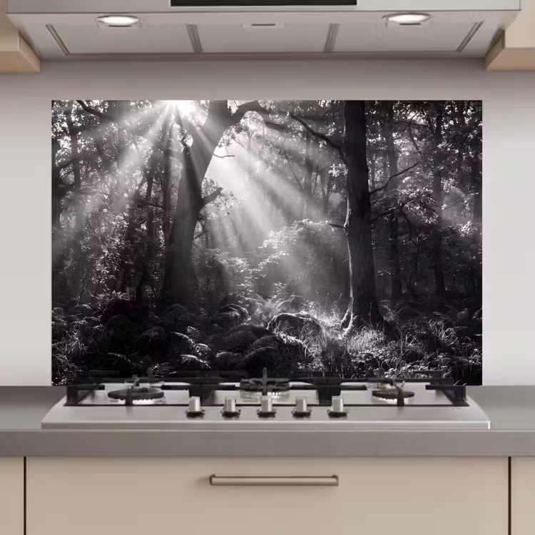 Spatscherm keuken - Bos - Lichtstralen - Natuur - Zwart-wit — 1