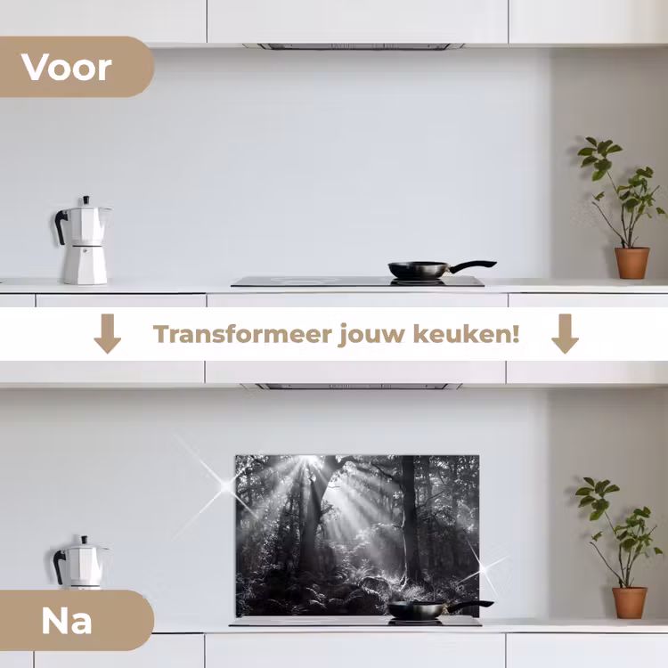 Spatscherm keuken - Bos - Lichtstralen - Natuur - Zwart-wit — 3
