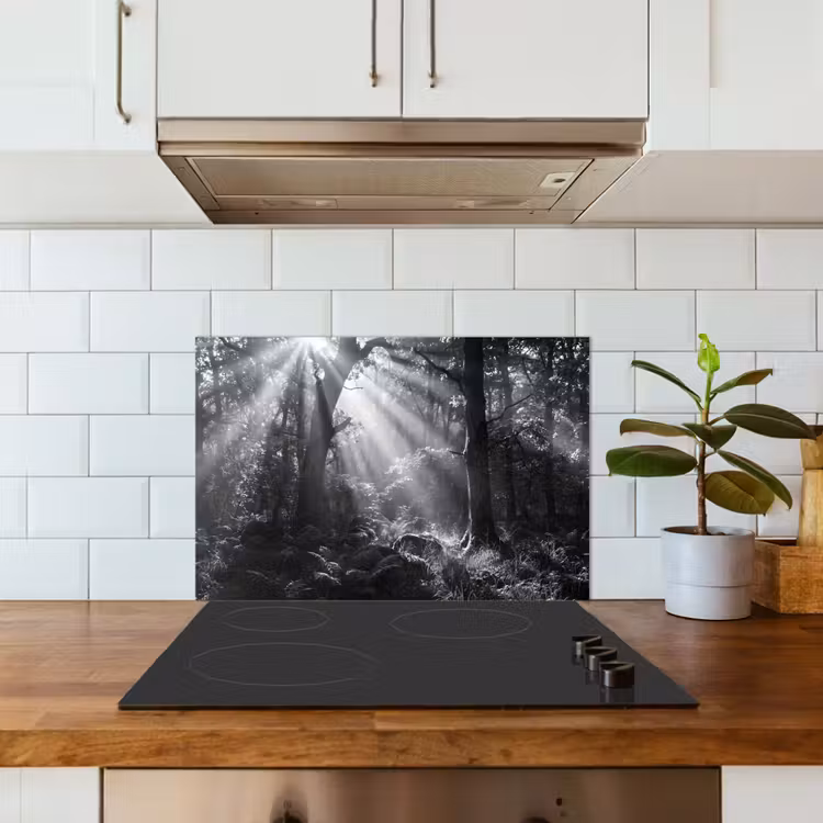Spatscherm keuken - Bos - Lichtstralen - Natuur - Zwart-wit — 6