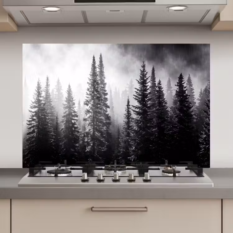 Spatscherm keuken - Bos - Mist - Winter - Monochroom - Natuur — 1