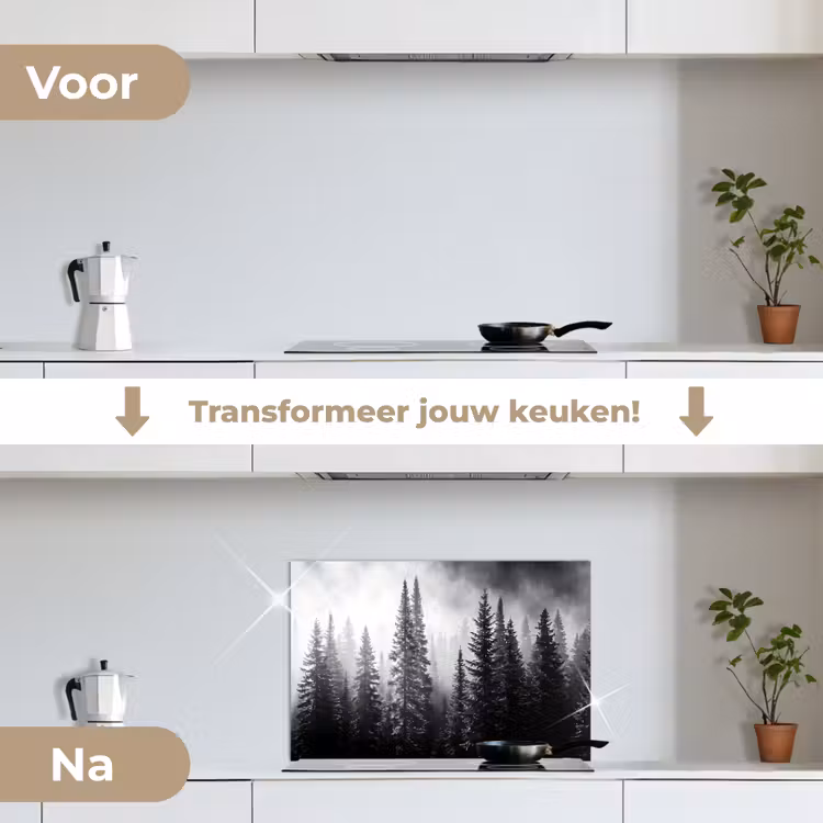 Spatscherm keuken - Bos - Mist - Winter - Monochroom - Natuur — 3