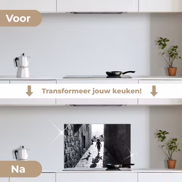 Spatscherm keuken - Kind - Vogel - Straat - Zwart-wit - Spelen — 3