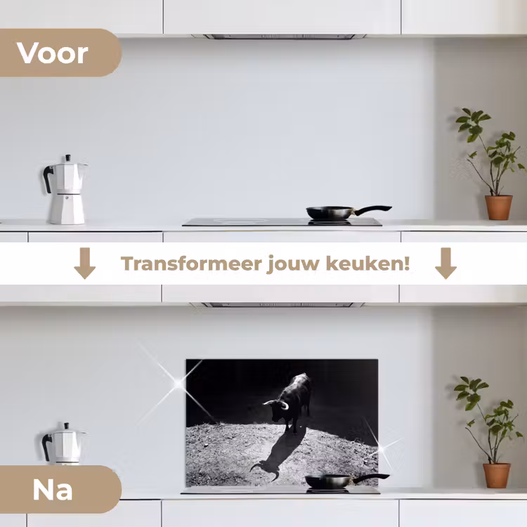 Spatscherm keuken - Stier - Schaduw - Dieren - Contrast - Zwart-wit — 3