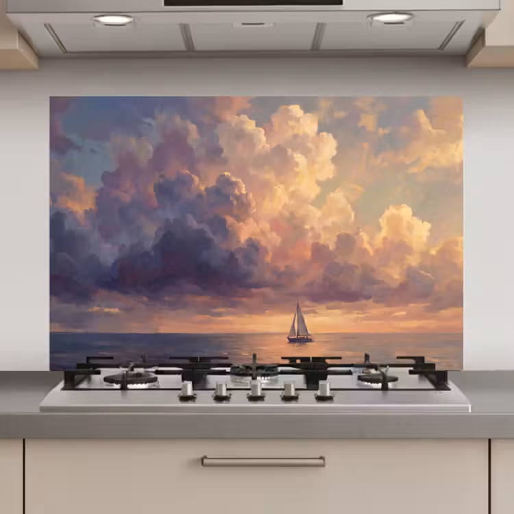Spatscherm keuken - Boot - Zonsondergang - Zee - Natuur - Goud — 1