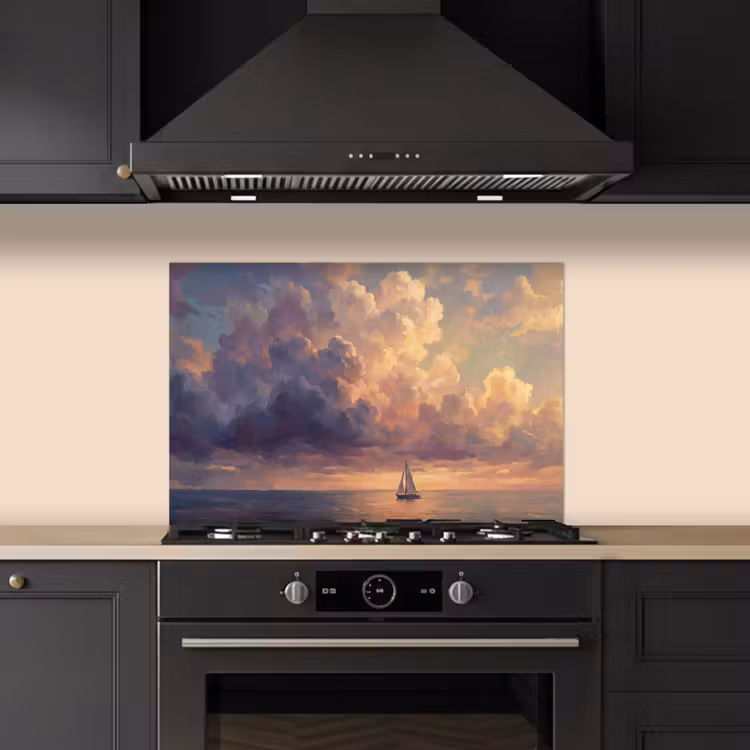 Spatscherm keuken - Boot - Zonsondergang - Zee - Natuur - Goud — 2