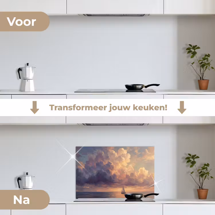 Spatscherm keuken - Boot - Zonsondergang - Zee - Natuur - Goud — 3