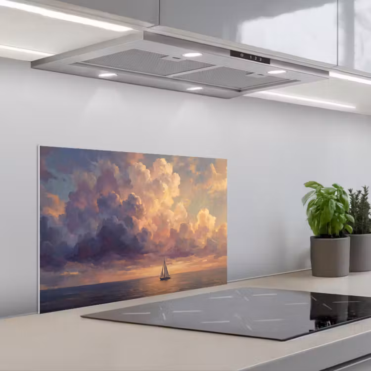 Spatscherm keuken - Boot - Zonsondergang - Zee - Natuur - Goud — 5