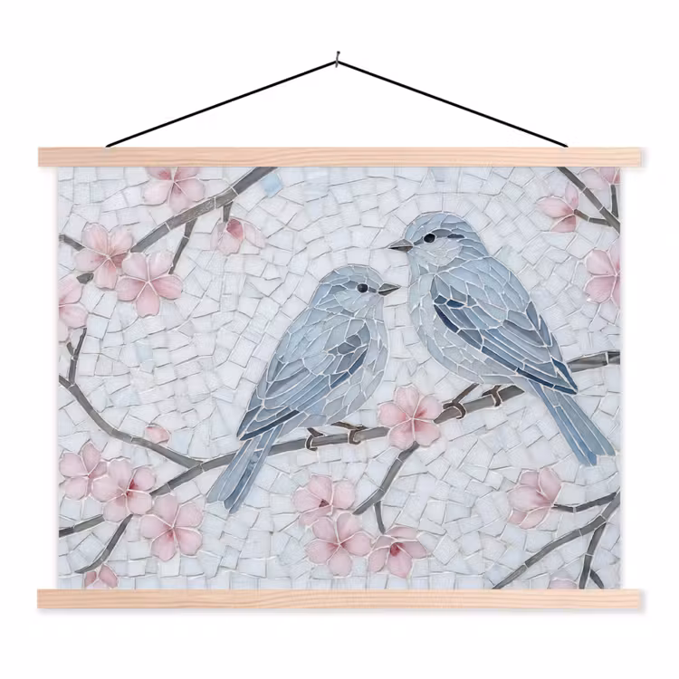 Schoolplaat - Vogel - Bloemen - Natuur - Mozaïek - Roze — 1