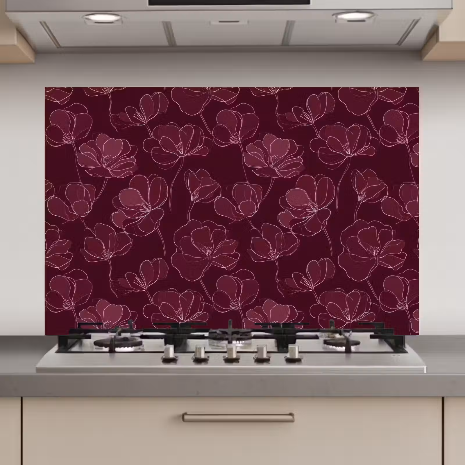 Spatscherm keuken - Bloemen - Patroon - Bordeauxrood — 1