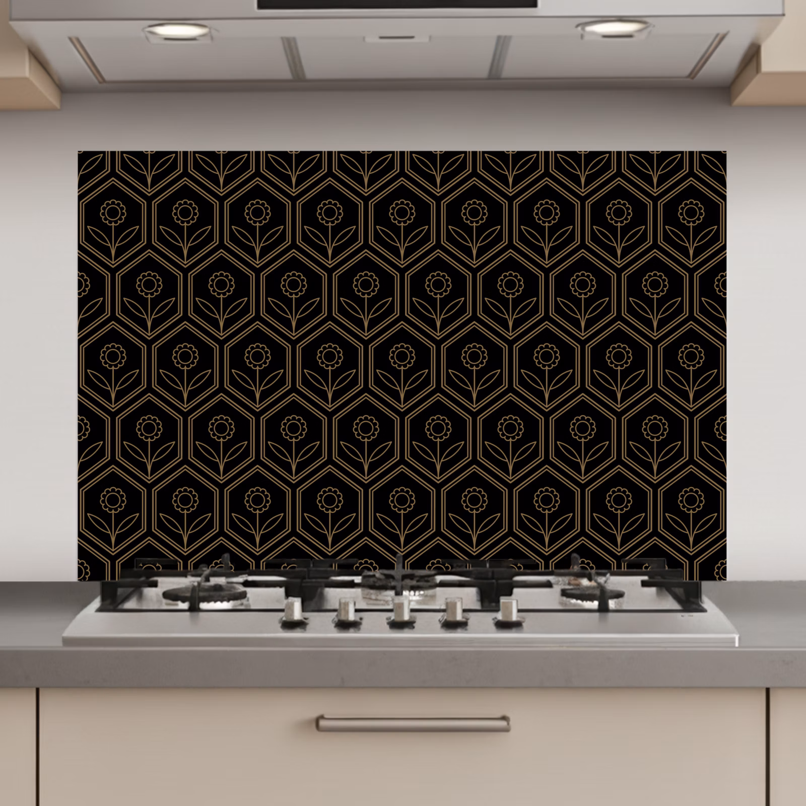 Spatscherm keuken - Zeshoek - Zwart - Goud - Bloem — 1