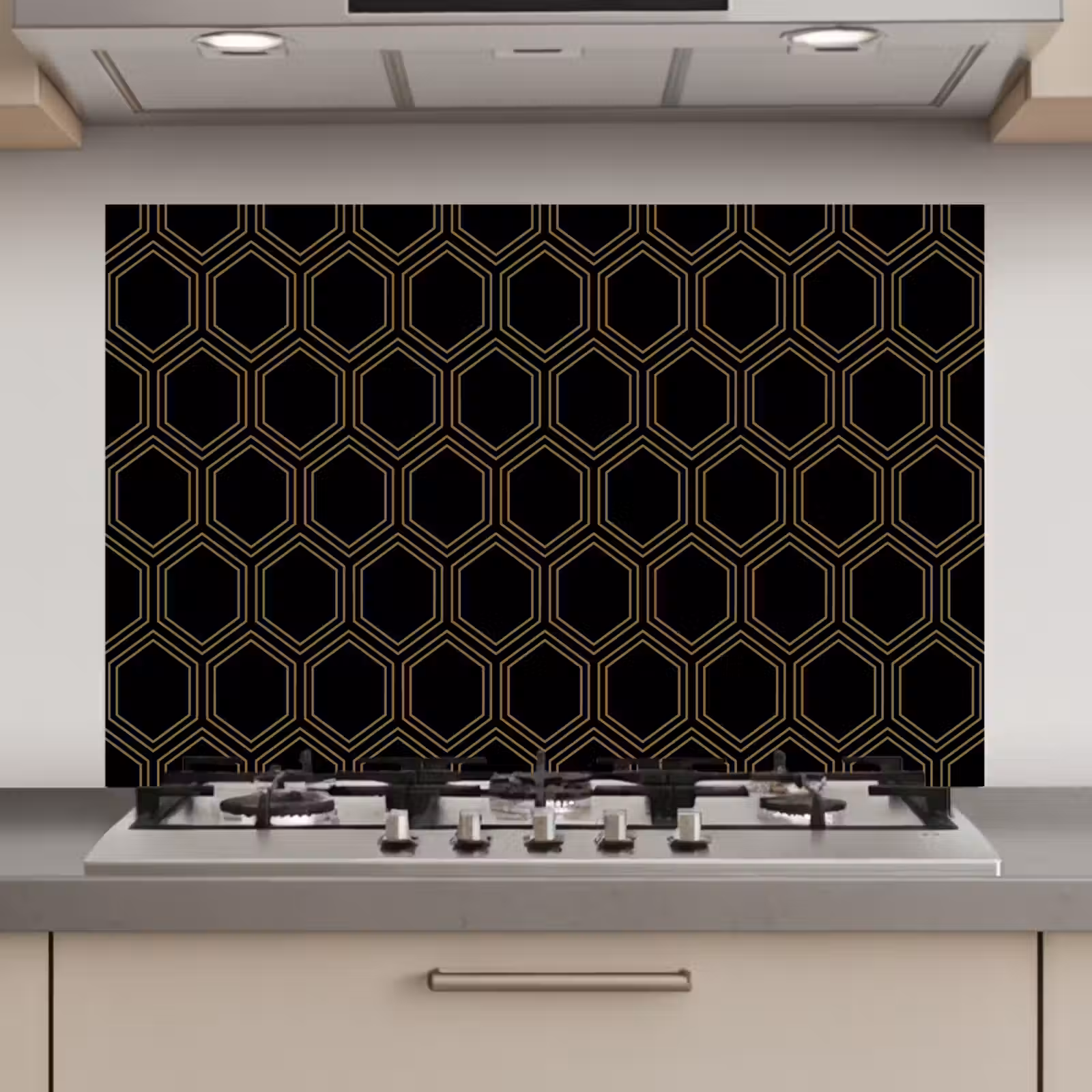 Spatscherm keuken - Zwart - Goud - Zeshoek — 1