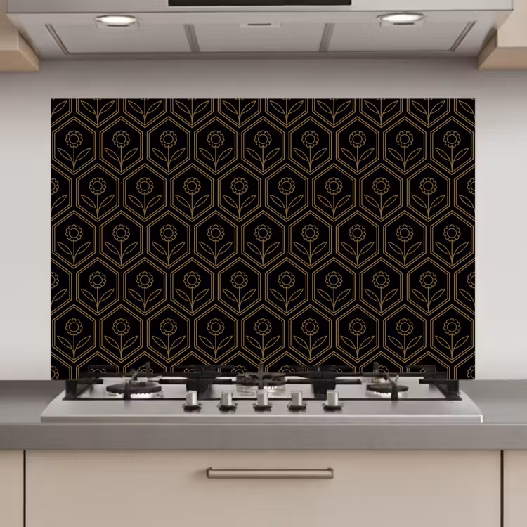 Spatscherm keuken - Zeshoek - Zwart - Goud - Bloem — 1