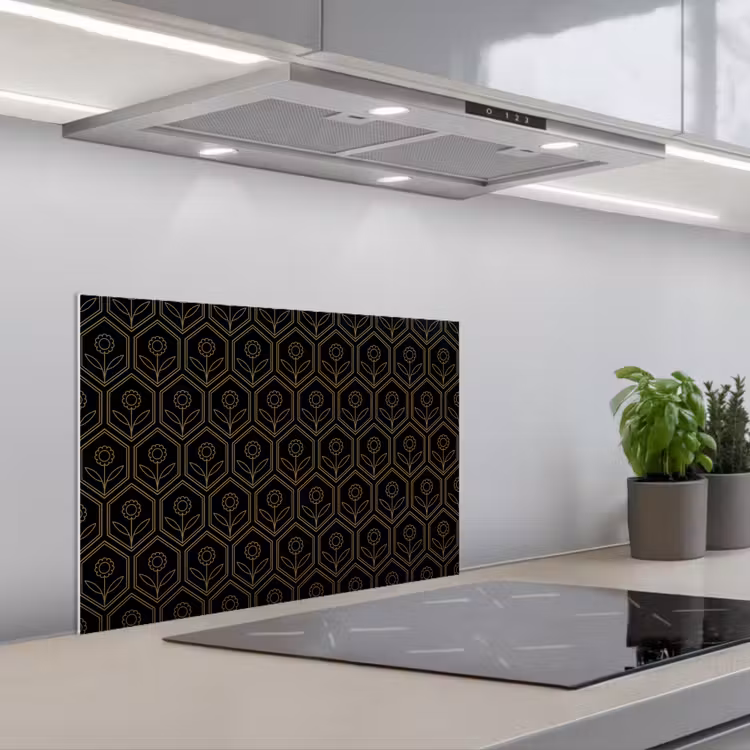 Spatscherm keuken - Zeshoek - Zwart - Goud - Bloem — 5