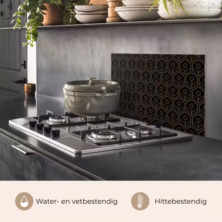 Spatscherm keuken - Zeshoek - Zwart - Goud - Bloem — 7