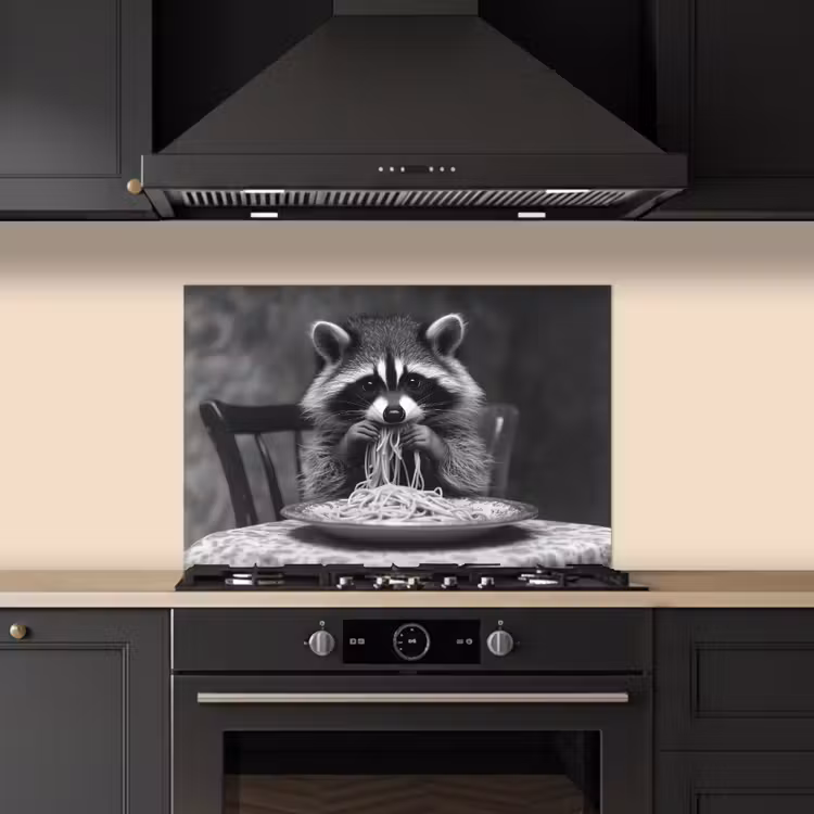 Spatscherm keuken - Wasbeer - Cute - Pasta - Tafelkleed - Zwart - Wit — 2