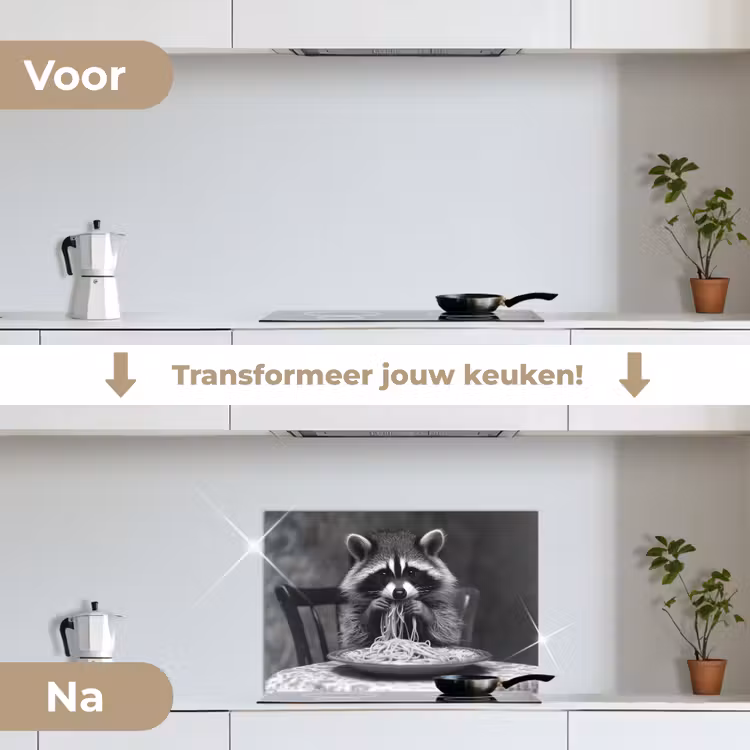 Spatscherm keuken - Wasbeer - Cute - Pasta - Tafelkleed - Zwart - Wit — 3