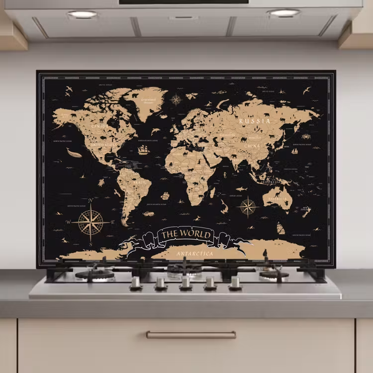Spatscherm keuken - Wereldkaart - Beige - Zwart — 1
