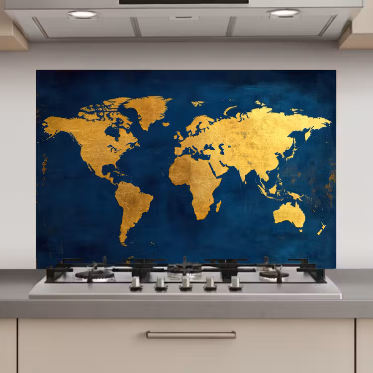Spatscherm keuken - Wereldkaart - Goud - Donkerblauw — 1