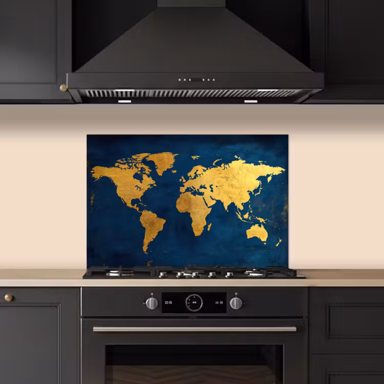 Spatscherm keuken - Wereldkaart - Goud - Donkerblauw — 2