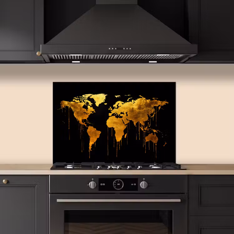 Spatscherm keuken - Wereldkaart - Goud - Druipen - Zwart — 2