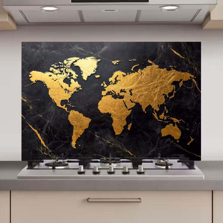 Spatscherm keuken - Wereldkaart - Goud - Marmer — 1
