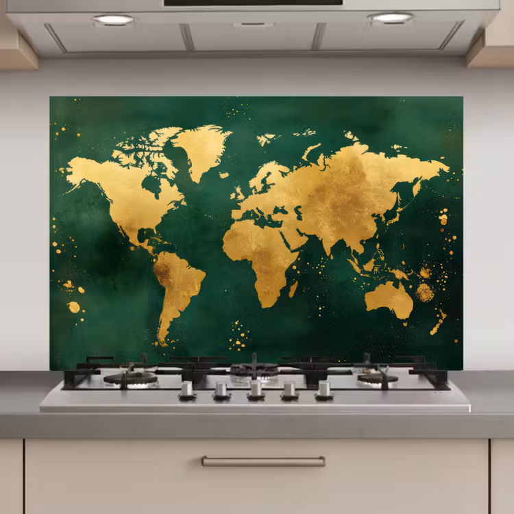 Spatscherm keuken - Wereldkaart - Groen - Goud — 1