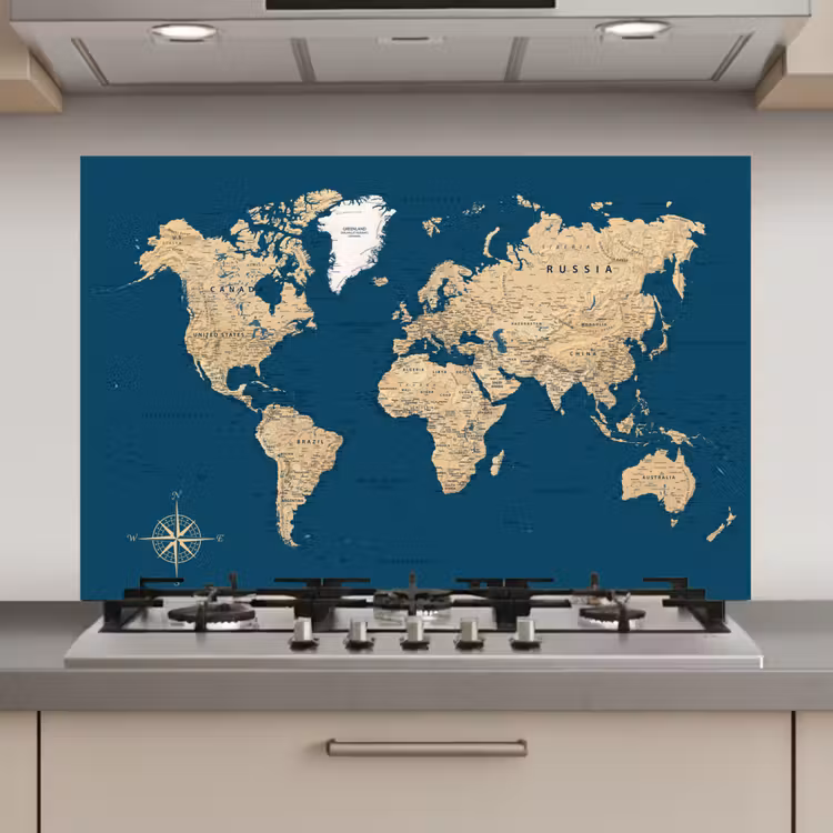 Spatscherm keuken - Wereldkaart - Donkerblauw - Beige — 1