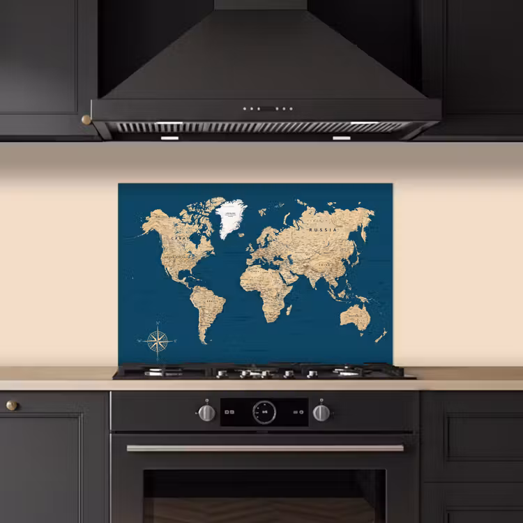 Spatscherm keuken - Wereldkaart - Donkerblauw - Beige — 2