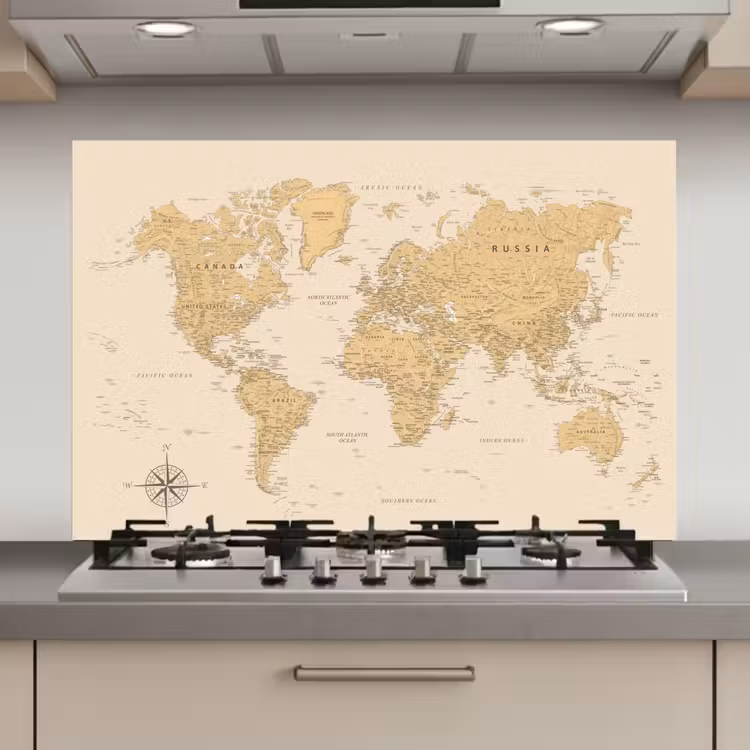 Spatscherm keuken - Wereldkaart - Realistisch - Beige — 1