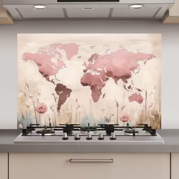 Spatscherm keuken - Wereldkaart - Roze - Bloemen — 1