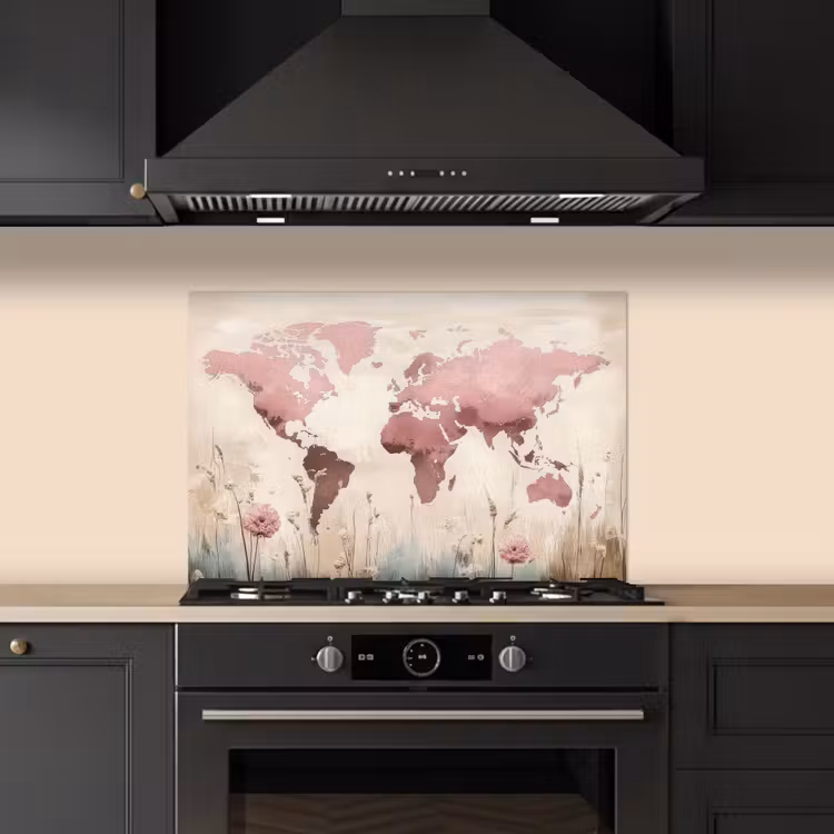 Spatscherm keuken - Wereldkaart - Roze - Bloemen — 2