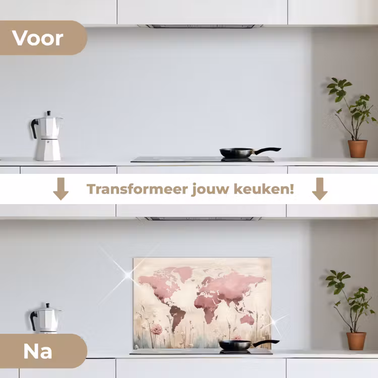 Spatscherm keuken - Wereldkaart - Roze - Bloemen — 3