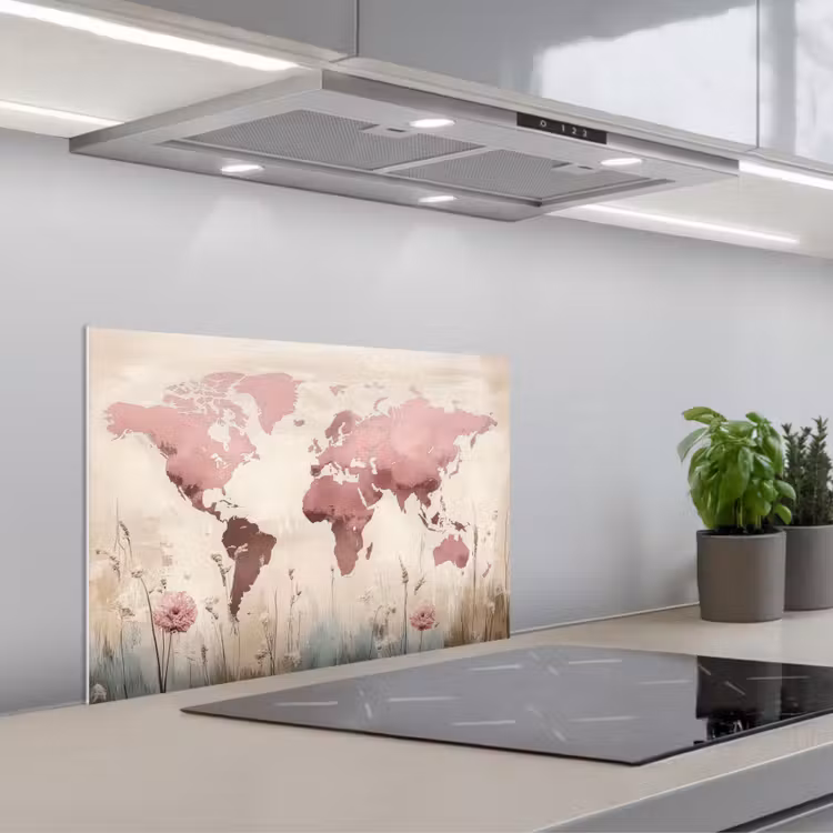 Spatscherm keuken - Wereldkaart - Roze - Bloemen — 5