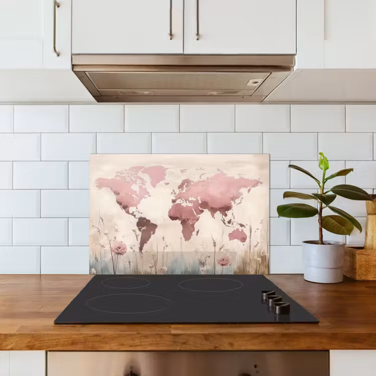 Spatscherm keuken - Wereldkaart - Roze - Bloemen — 6